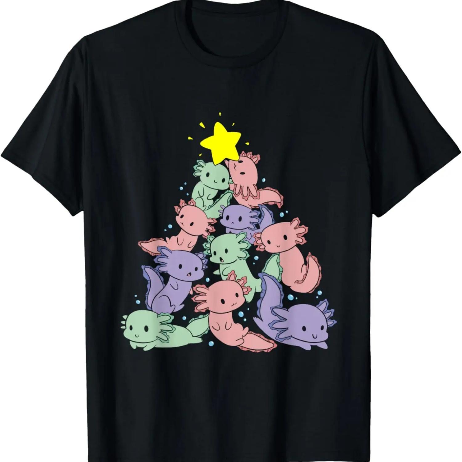Axolotl Christmas Tree Pajama Cute X-mas Kawaii Animal T-Shirt S чёрный