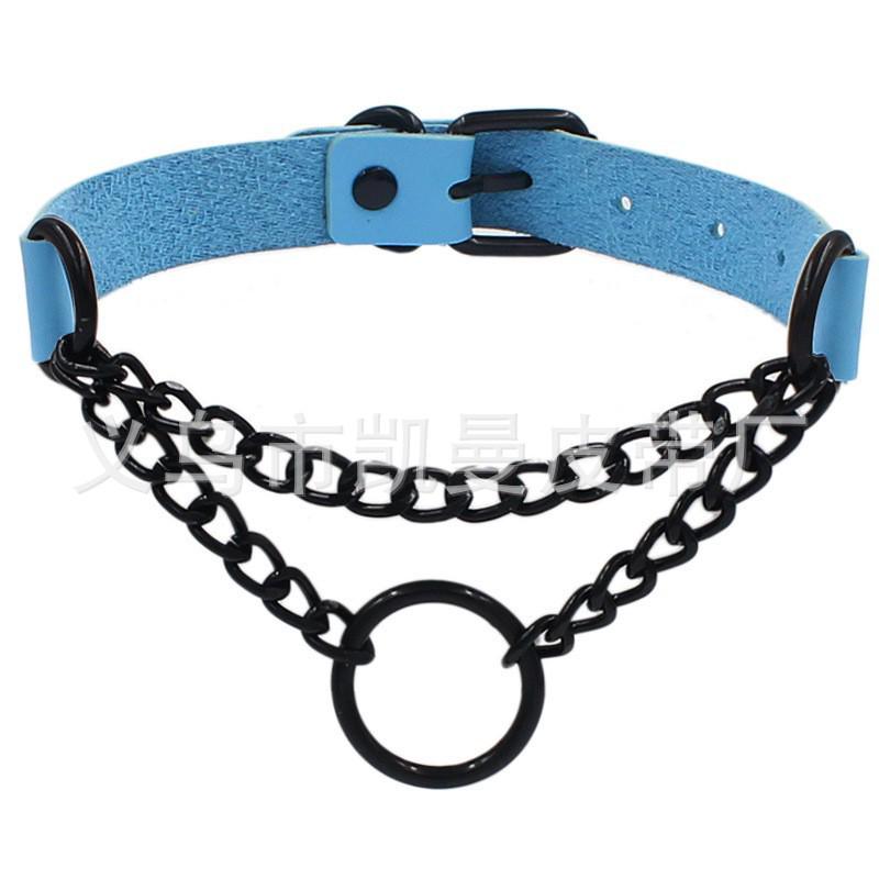 Punk Style Dark Leather Round Ring Choker Necklace - Black Chain Clavicle Neckband