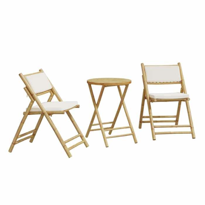 VidaXL Folding Bistro Set 3 Pcs and Cushions Cream White Bamboo, Garden Bistro Set, Balcony Set, 365872