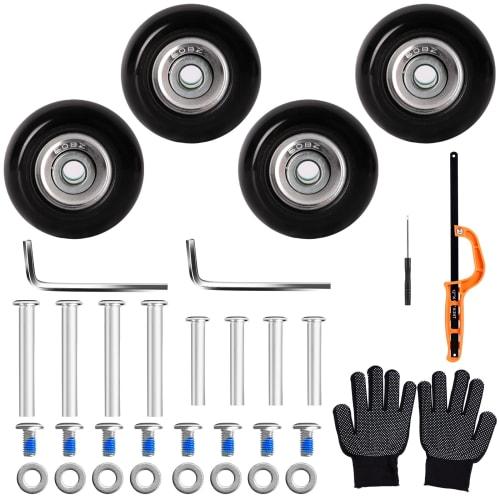 Set of 4 Suitcase Tire Replacement Kit for Travel Trolley Cases, DIY Replacement and Repair, Carry-on Bags, 50mm Wheel Diameter, Black, Includes Saw