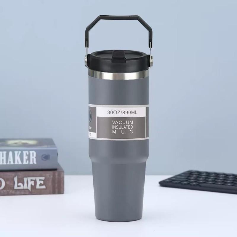 30oz Stainless Steel Travel Mug With Handle Straw Lid Vacuum Insulated Water Bottle Car Office Gym