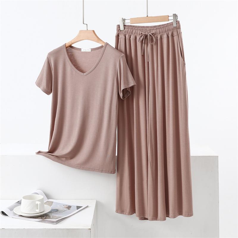 

Модальная футболка с V-образным вырезом и короткими рукавами и комплект брюк широкого кроя - Летняя пижама свободного кроя большого размера для женщин Large