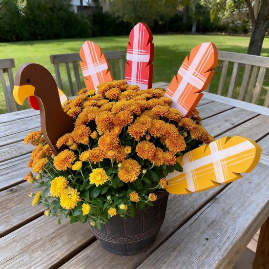 Thanksgiving Turkey Planter Stakes Hand-Painted Wooden Garden Decor for Pots Flower Beds Autumn Fall Harvest Decoration