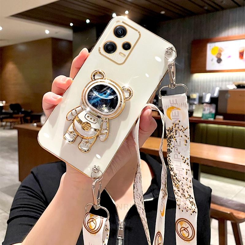 Note12 Crossbody Lanyard Plating Case On For Xiaomi Redmi Note 12 Pro Plus 12pro 5g 12s 4g 11s 11 Astronaut Silicone Stand Cover