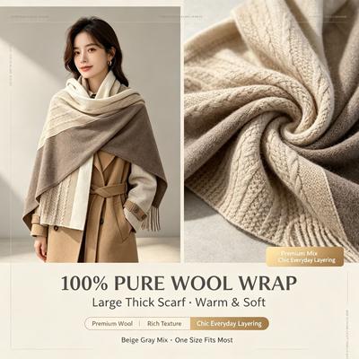 Luxury 100% Australian Wool Scarf with Tri-Color Design Large Multifunctional Shawl Wrap Cashmere Soft Feel Cape