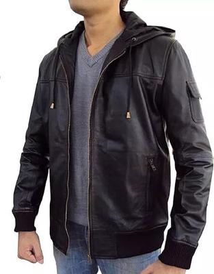 Hoodie Stylish Festive Black Men Halloween Lambskin Leather Motorcycle Jacket Handmade