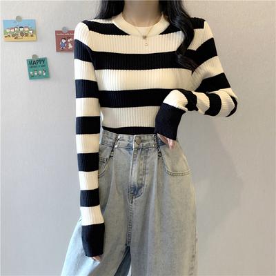 Autumn Slim-fit Long-sleeved Striped Knitted T-shirt Autumn and Winter Foreign Style Inside Women's Sweater