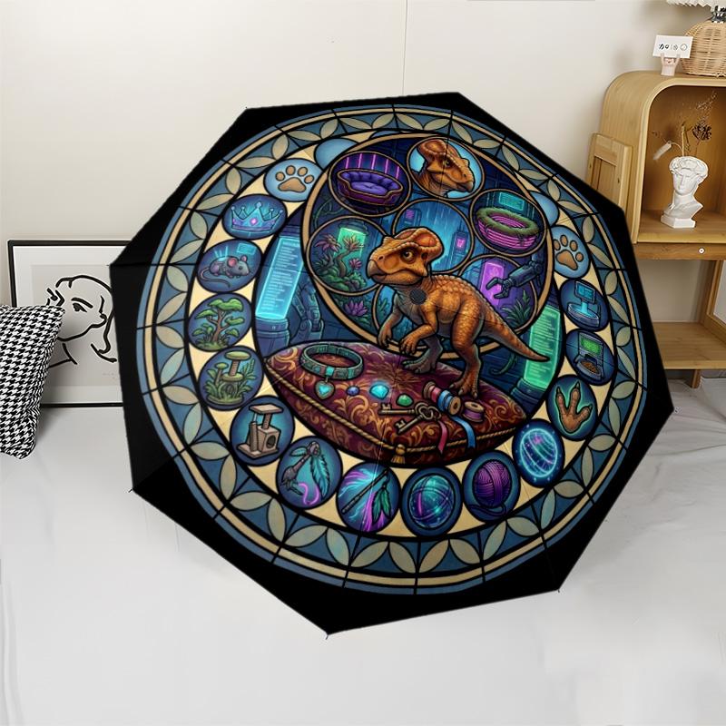 Dinosaur Kingdom Glass pattern umbrella, portable and foldable design, 8 ribs, a casual accessory for Halloween, Christmas, and birthday gifts.