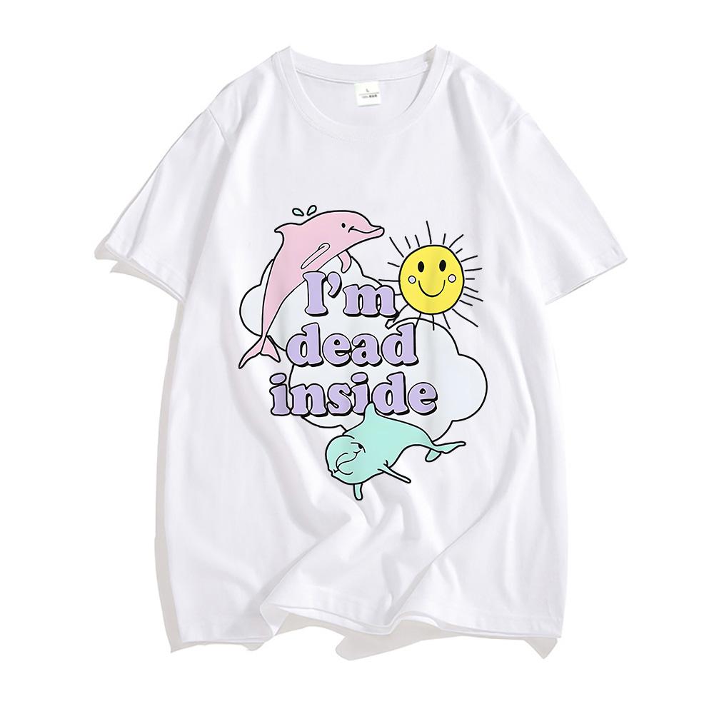 

Я мертв внутри Футболки с дельфинами 100% хлопок Модные футболки Парные свободные футболки Мужские/женские Футболка с коротким рукавом Милая футболка с животным 4XL