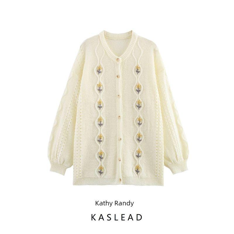 Kaslead New Women Clothes Western Style Jacquard Diamond Thin Round Neck Knit Cardigan Sweater Outerwear