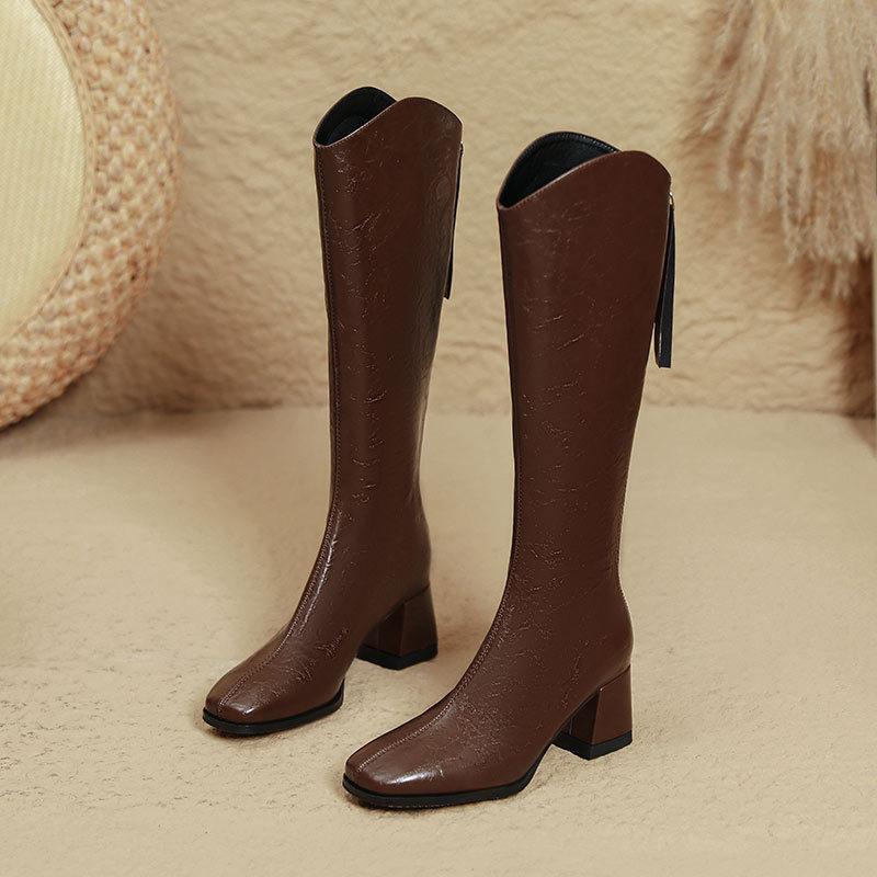 High-heeled Boots Women's 2025 New Autumn and Winter Thin But Knee Boots Thick Heel Brown V-mouth Square Head High Boots