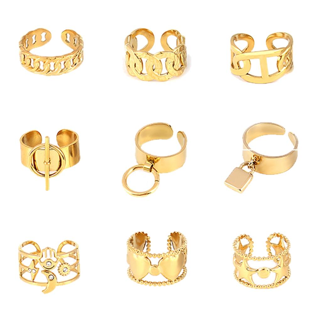 Stainless Women Steel Finger Ring Gold Color Color Wide Rings With Circle Rings Chain Finger Ring Punk Round Geometric Open Finger Rings JewelryPunk