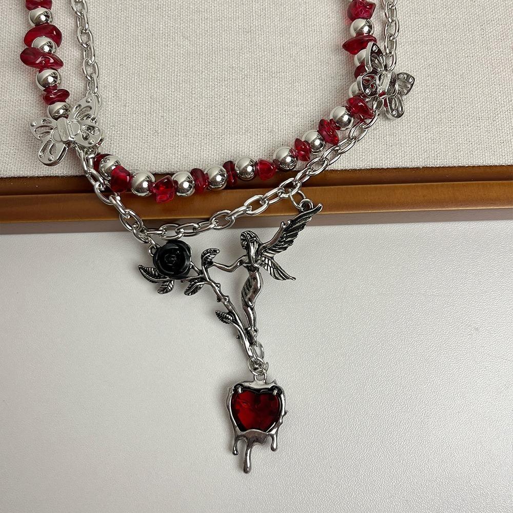 Heart Pendant Crystal Beads Necklace Rose Flower Clavicle Chain Choker  Party