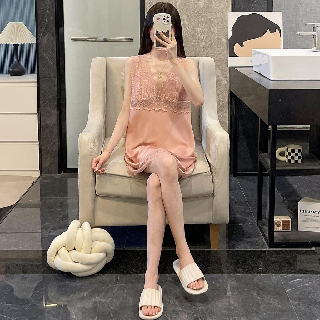 Thin ice silk nightdress suspender pajamas sexy charming women's spring and summer lace mesh vest simulation silk loungewear