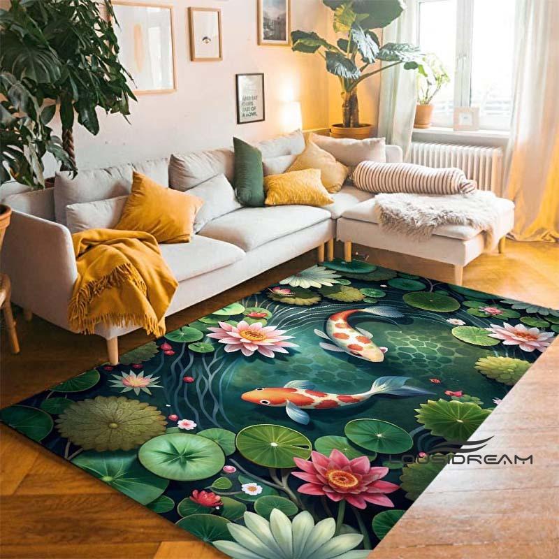 Tappeto Cartoon Lussuoso Pesce Koi Fortunato Yin Yang Carpa per Camera da Letto Soggiorno Divano Tappetino d'Ingresso Casa, Tappetino Pavimento Grande Antiscivolo per Bambini