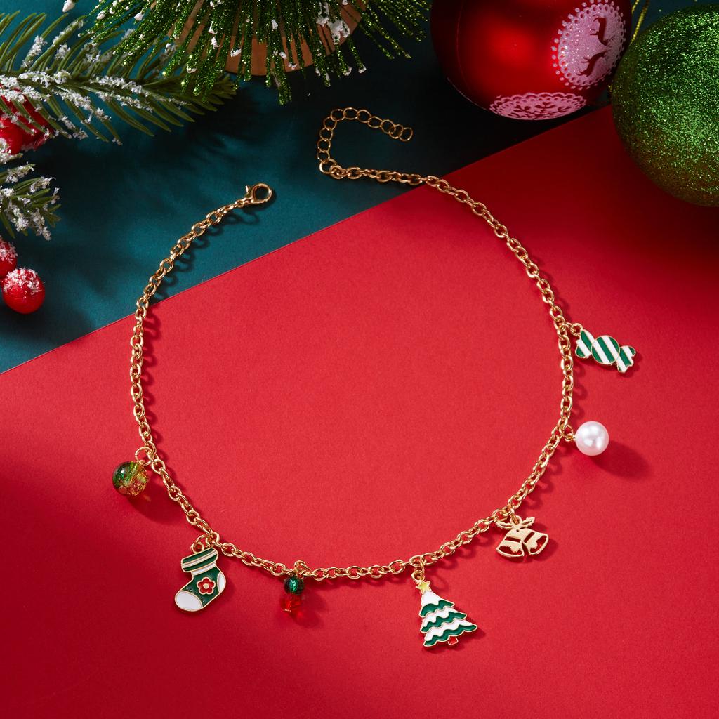 Fashion Christmas Tree Candy Boot Bell Pendant Necklace for Women Handmade Metal Chain Choker Collar Xmas New Year Jewelry Gifts
