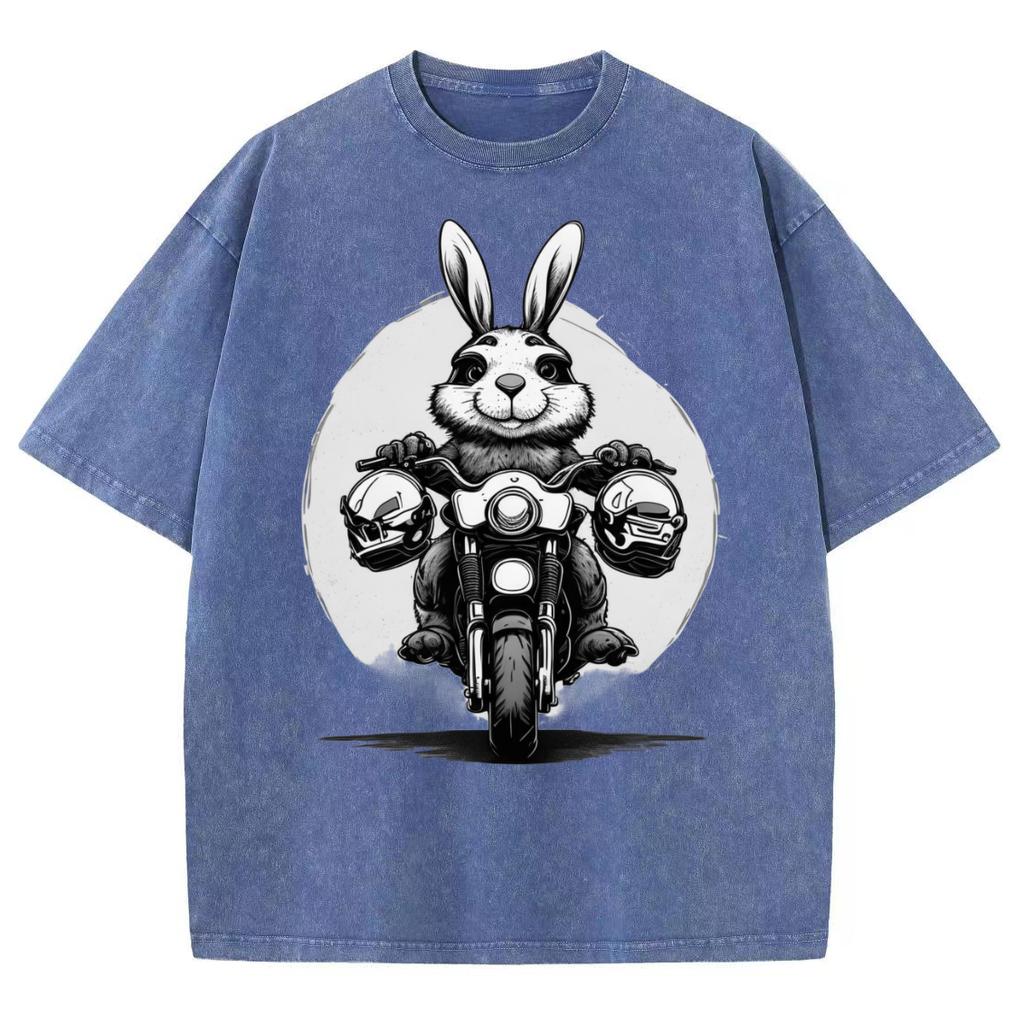 Summer Women's Short Sleeve Cartoon Animal Print Oversized Washed Denim Unisex T-Shirt Vintage Harajuku Style Funny Outfit