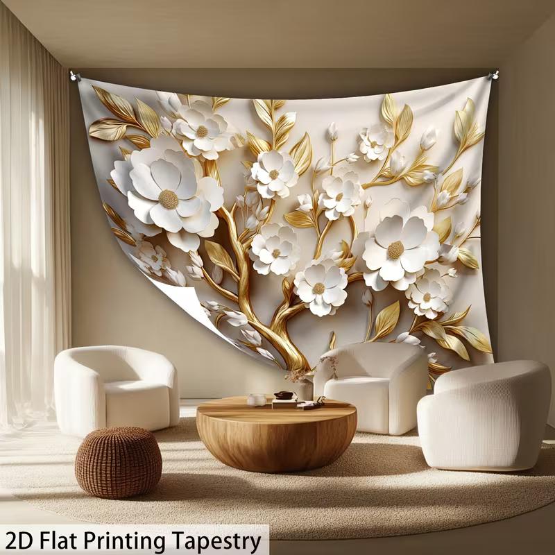 2D Sophisticated Gold and White Flower Tapestry Modern Room Decor