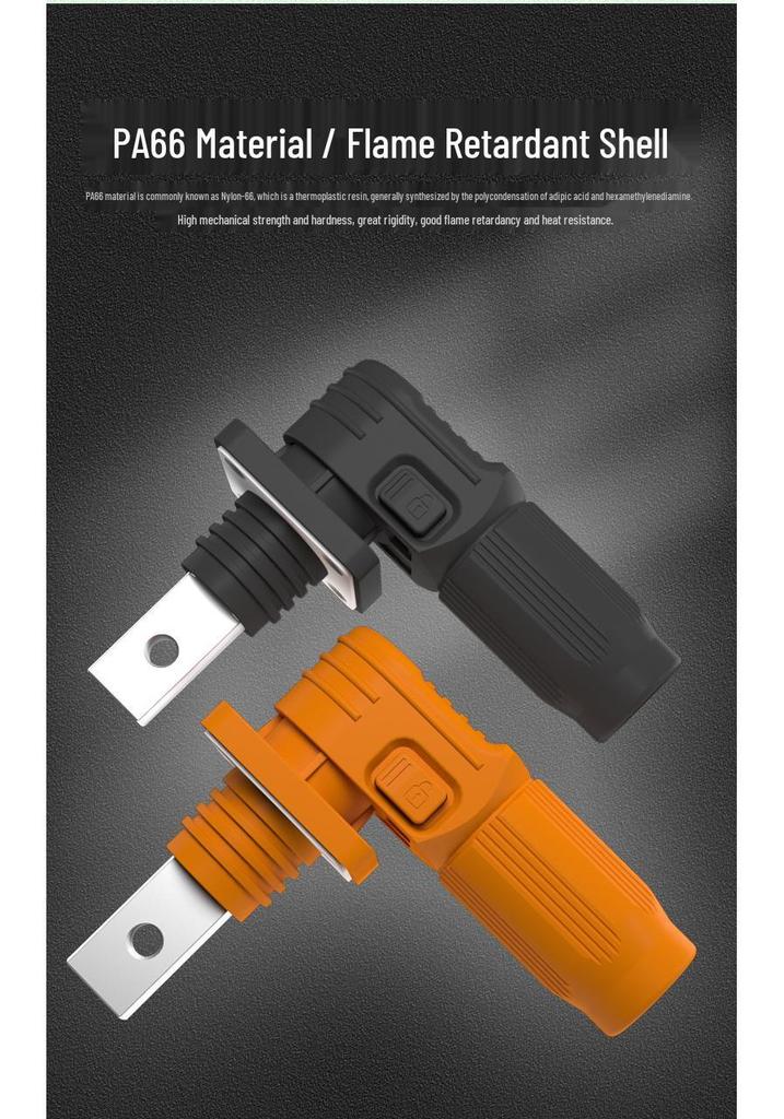 Black and Orange Angled Plug Socket; Positive/Negative Pole Energy Storage Connector; Threaded Hole; 70A-120A Current Capacity