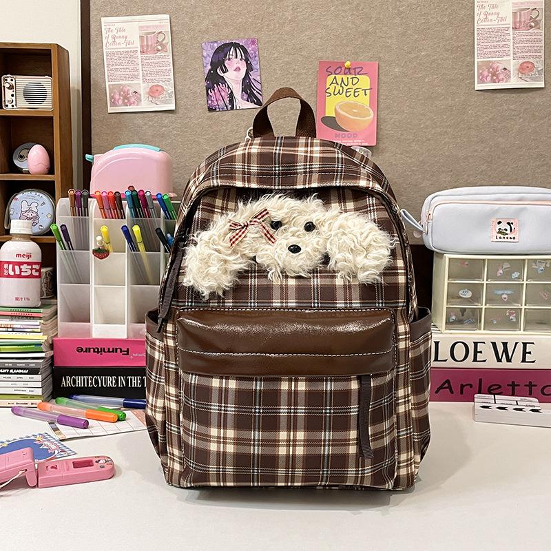 Schoolbag Vintage College Style Plaid Puppy School Bag ins Versatile Girls High Value College Students Class Backpack Backpack