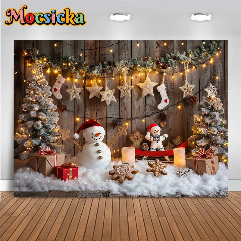 Christmas Background Photography Gifts Snowman Wood Wall Tree Big Backdrop Baby Shooting Props Party Decoration Studio