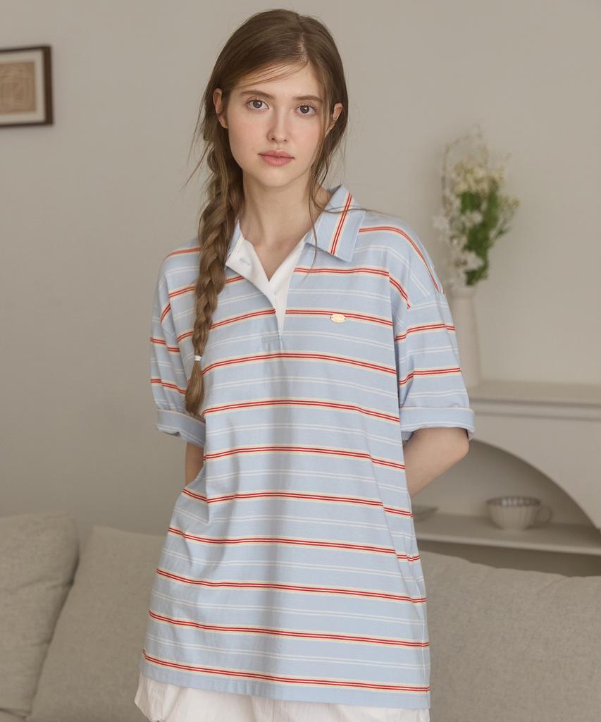 NONLOCAL Multi-Stripe Oversized Collared T-Shirt - Sky Blue