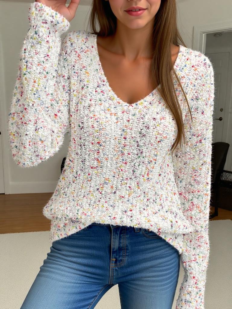 

Эксклюзивный свободный пуловер с V-образным вырезом и длинными рукавами для женщин S грязно-белый