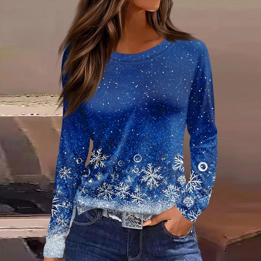 Women's Fashion Casual Slit Hem Round Neck Long Sleeve Loose Christmas Printed T-Shirt Ladies Top