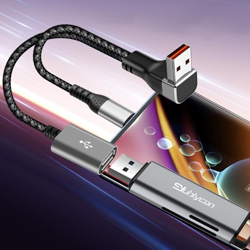 Nylon Braided USB Extension Cord USB to Type c USB Splitter 66W Power Delivery 90Degree Bend Design for Compactly Space