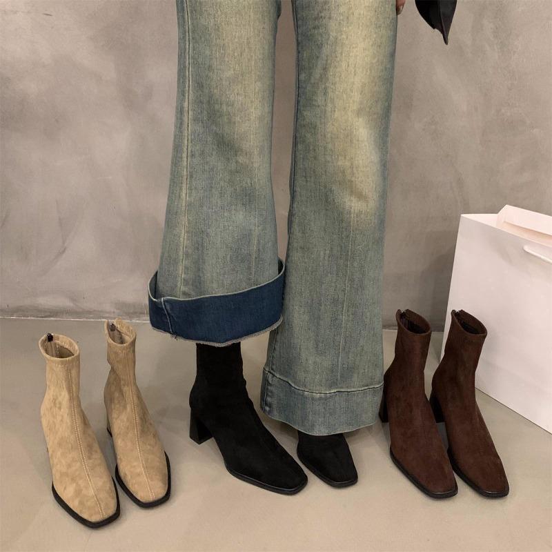 Autumn high-heeled small ankle boots suede Martin boots women's shoes new autumn and winter square head thin short boots