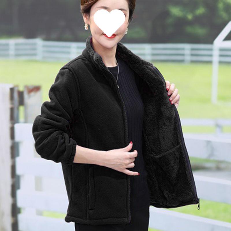 Mid Age Polar Fleece Jacket Women Stand Collar Winter Plush Lined Thick Warm Plus Size Womens Clothing Mom Wear Cardigan Hoodie
