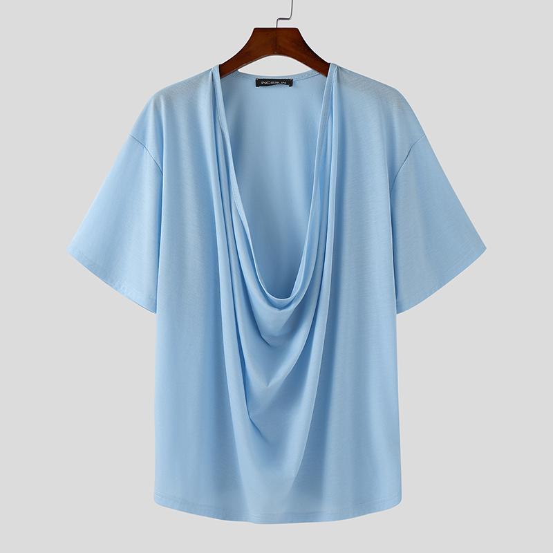 

INCERUN Summer Deep Swing Collar Semi-Sheer Ruffled Casual Beach Tops T-shirts 5XL синій