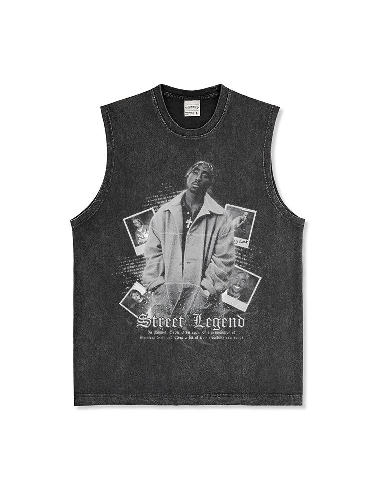 Canotta Senza Maniche Tupac Grafica Retro High Street Cotone Pesante