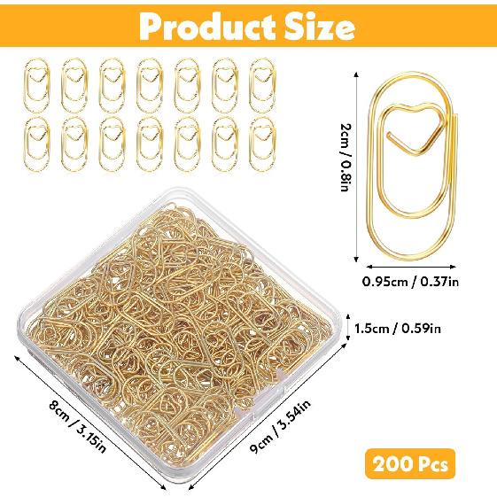 200 Pcs Gold Paper Clips, Metal Heart Paper Clips, Mini Gold Paperclips, Cute Binder Clips for Document Note Sorting, Wedding Decoration, Crafts,