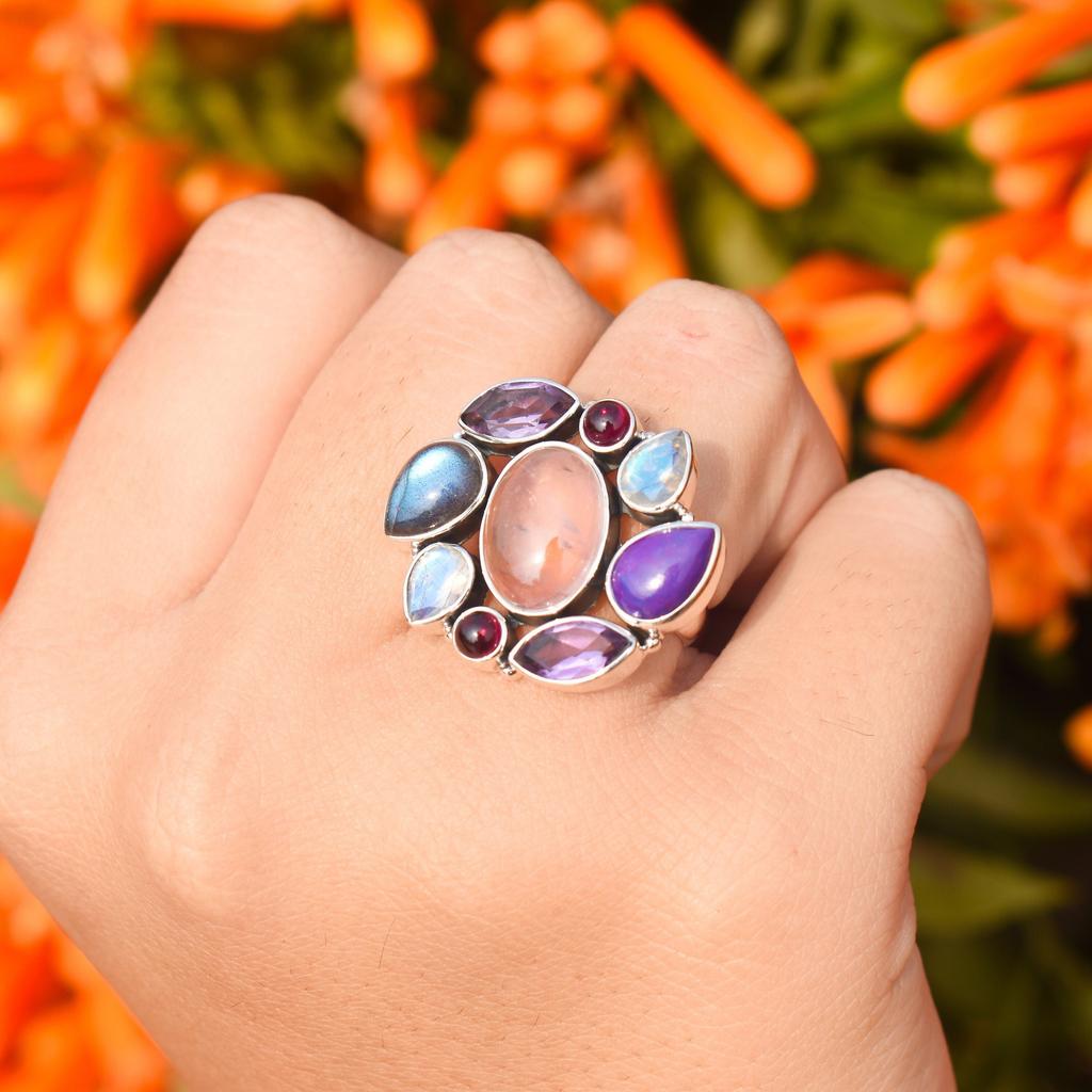 Sterling Silver Multi Stone Ring: Amethyst, Rose Quartz & More