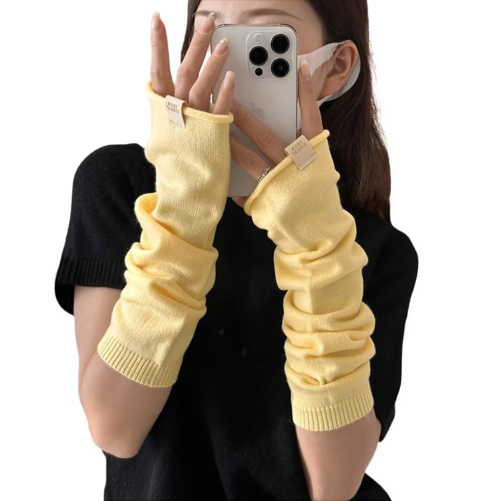 

Милые вязаные шерстяные длинные перчатки без пальцев для рук, чтобы согревать и защищать руки, желтые [Eukkis] грелки, накладки, перчатки, петли, без пальцев,