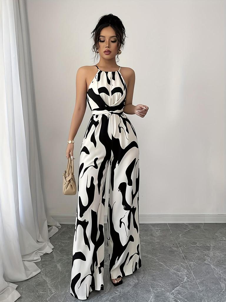 Women's 2025 Plus Size Black & White Milk Pattern Wide-leg Tie-up Halter Jumpsuit