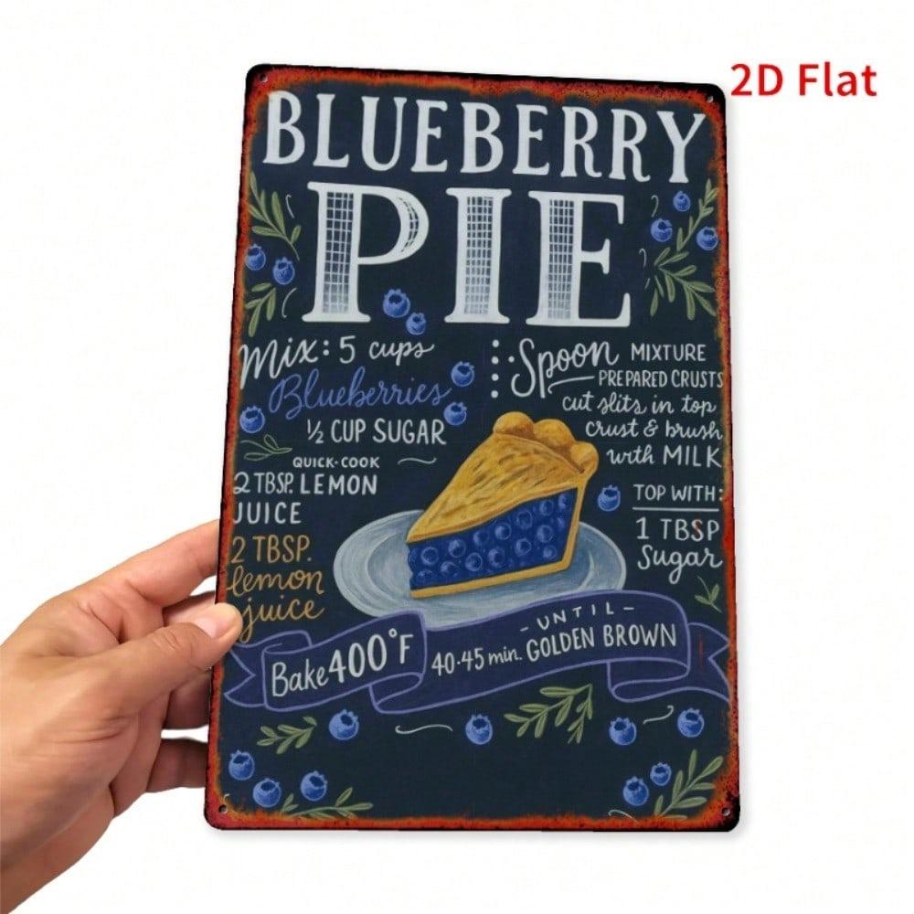 Metal Wall Art Poster - Blueberry Pie Recipe Tin Sign for Kitchen Decor