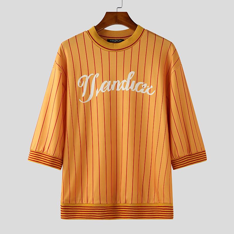 INCERUN Men Round Neck 3/4 Sleeve Striped Print Stitching Summer T-shirts Tops