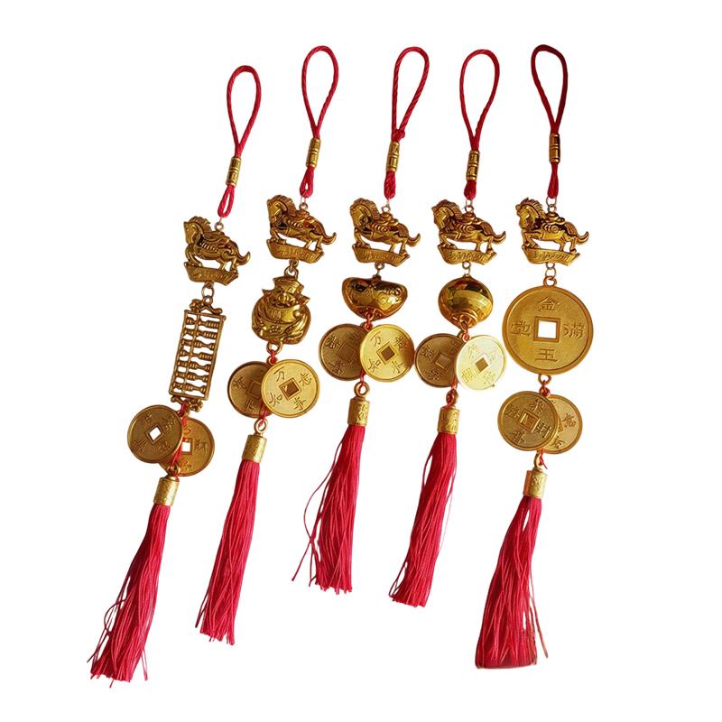 Chinese New Year Gold Color Plastic Horse Pendant Long Red Tassel Ornaments For Car Home Decor Lucky Charm Hanging Decoration