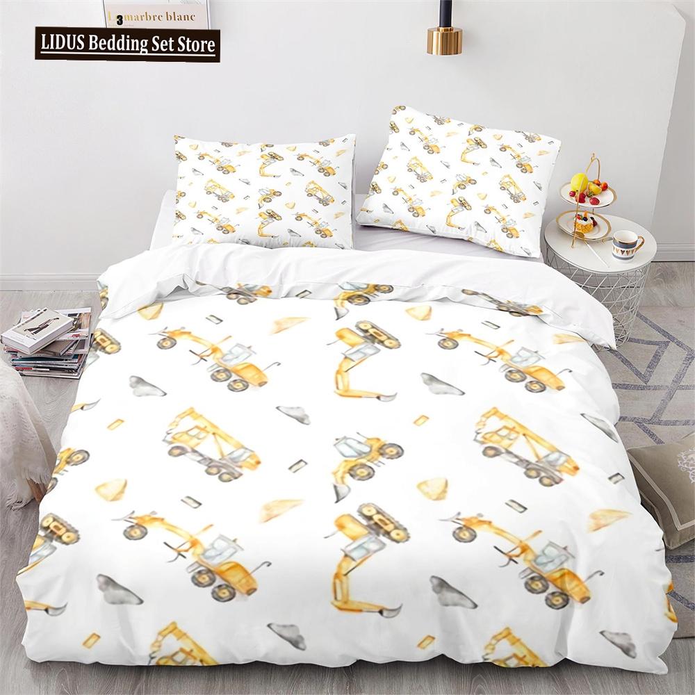 Digger Duvet Cover Set Cartoon Heavy Machinery Truck Crane Mixer Excavator Tractor Pattern For Kid Teen Polyester Bedding Set