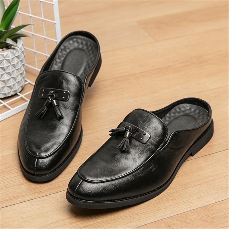 Designer Fashion New Men Black Tassels Half Slippers Shoes Casual Pu Leather Mules Moccasins Breathable Loafers Zapatos Hombre