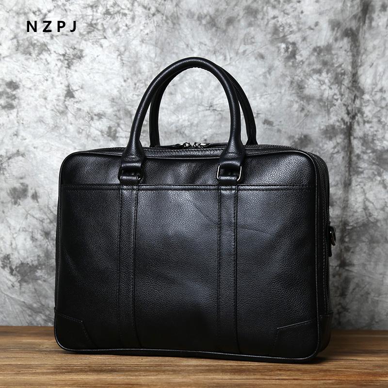 NZPJ Genuine Leather Men's Handbag Leisure Business Computer Bag Head Layer Cowhide Horizontal Style Briefcase Shoulder Bag