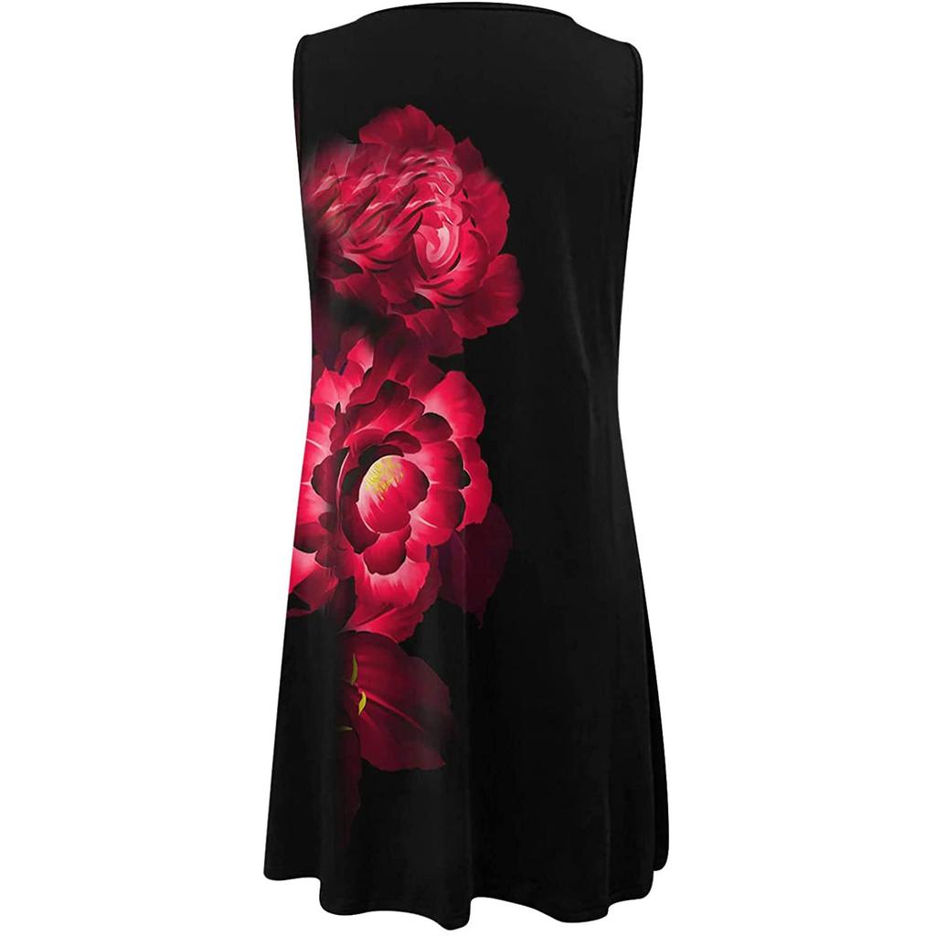 Fashion Women Summer  Print Hollow Out Sleeveless Loose Mid Dresses