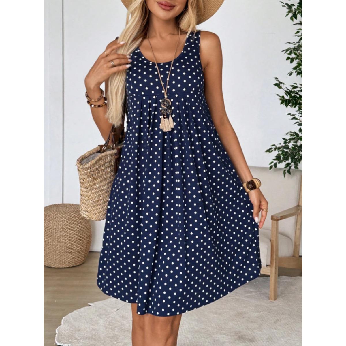 

Summer Women s Sleeveless Polka Dot Loose A-line Dress Casual Fashion Dress 5XL Темно-синій