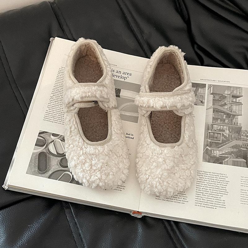 

Корейский нежный ветер плюшевый однословный с пушистыми туфлями женский 2025 зима новый однословный верхняя одежда повседневные балетки 40 бежевый