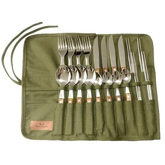 Cutlery Set 4 People 21-Piece Camping Outdoor Storage Wooden Stainless Steel Folding Knife Fork Spoon Chopsticks Moss Green Kuuupiiis Suitable Groups