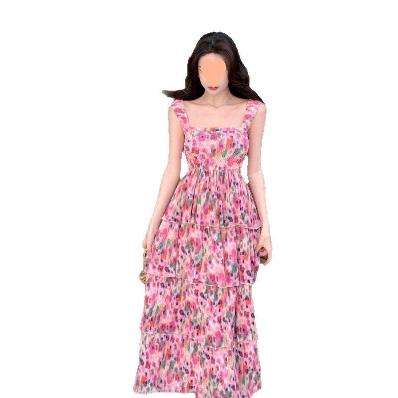 Spring/Summer 2026 Floral Print Elastic Shrinkle Vacation Dress Pink Skirt Suspender Beach Dress
