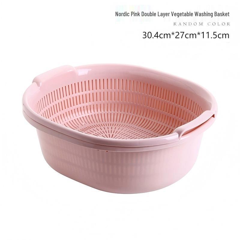 Double-Layer Plastic Vegetable and Fruit Washing Basket with Drainage