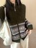 Women's Lambswool Jacquard Knit Cardigan – Heavyweight Stand Collar Winter Sweater Coat